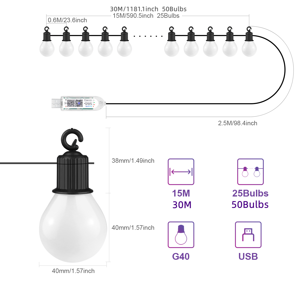 Smart WIFI G40 LED Bulb String - огляд і ціна Smart Garden Festoon Lights